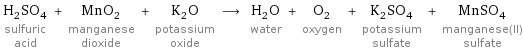 H_2SO_4 sulfuric acid + MnO_2 manganese dioxide + K_2O potassium oxide ⟶ H_2O water + O_2 oxygen + K_2SO_4 potassium sulfate + MnSO_4 manganese(II) sulfate