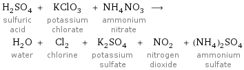 H_2SO_4 sulfuric acid + KClO_3 potassium chlorate + NH_4NO_3 ammonium nitrate ⟶ H_2O water + Cl_2 chlorine + K_2SO_4 potassium sulfate + NO_2 nitrogen dioxide + (NH_4)_2SO_4 ammonium sulfate