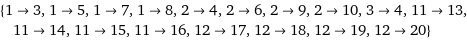 {1->3, 1->5, 1->7, 1->8, 2->4, 2->6, 2->9, 2->10, 3->4, 11->13, 11->14, 11->15, 11->16, 12->17, 12->18, 12->19, 12->20}