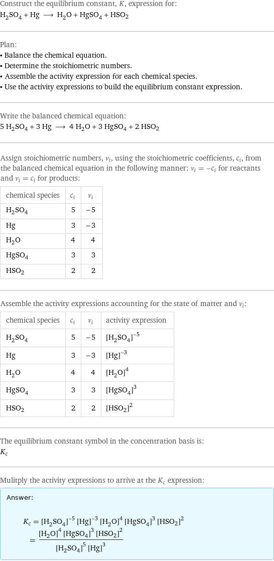 Construct the equilibrium constant, K, expression for: H_2SO_4 + Hg ⟶ H_2O + HgSO_4 + HSO2 Plan: • Balance the chemical equation. • Determine the stoichiometric numbers. • Assemble the activity expression for each chemical species. • Use the activity expressions to build the equilibrium constant expression. Write the balanced chemical equation: 5 H_2SO_4 + 3 Hg ⟶ 4 H_2O + 3 HgSO_4 + 2 HSO2 Assign stoichiometric numbers, ν_i, using the stoichiometric coefficients, c_i, from the balanced chemical equation in the following manner: ν_i = -c_i for reactants and ν_i = c_i for products: chemical species | c_i | ν_i H_2SO_4 | 5 | -5 Hg | 3 | -3 H_2O | 4 | 4 HgSO_4 | 3 | 3 HSO2 | 2 | 2 Assemble the activity expressions accounting for the state of matter and ν_i: chemical species | c_i | ν_i | activity expression H_2SO_4 | 5 | -5 | ([H2SO4])^(-5) Hg | 3 | -3 | ([Hg])^(-3) H_2O | 4 | 4 | ([H2O])^4 HgSO_4 | 3 | 3 | ([HgSO4])^3 HSO2 | 2 | 2 | ([HSO2])^2 The equilibrium constant symbol in the concentration basis is: K_c Mulitply the activity expressions to arrive at the K_c expression: Answer: |   | K_c = ([H2SO4])^(-5) ([Hg])^(-3) ([H2O])^4 ([HgSO4])^3 ([HSO2])^2 = (([H2O])^4 ([HgSO4])^3 ([HSO2])^2)/(([H2SO4])^5 ([Hg])^3)