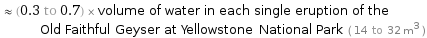  ≈ (0.3 to 0.7) × volume of water in each single eruption of the Old Faithful Geyser at Yellowstone National Park ( 14 to 32 m^3 )