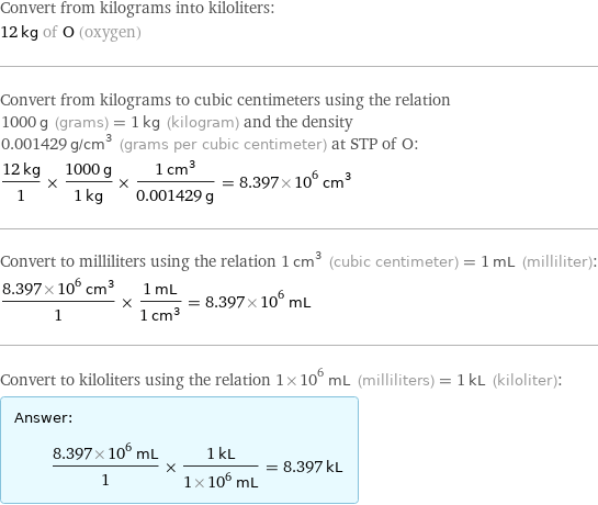 Convert from kilograms into kiloliters: 12 kg of O (oxygen) Convert from kilograms to cubic centimeters using the relation 1000 g (grams) = 1 kg (kilogram) and the density 0.001429 g/cm^3 (grams per cubic centimeter) at STP of O: (12 kg)/1 × (1000 g)/(1 kg) × (1 cm^3)/(0.001429 g) = 8.397×10^6 cm^3 Convert to milliliters using the relation 1 cm^3 (cubic centimeter) = 1 mL (milliliter): (8.397×10^6 cm^3)/1 × (1 mL)/(1 cm^3) = 8.397×10^6 mL Convert to kiloliters using the relation 1×10^6 mL (milliliters) = 1 kL (kiloliter): Answer: |   | (8.397×10^6 mL)/1 × (1 kL)/(1×10^6 mL) = 8.397 kL