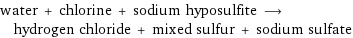 water + chlorine + sodium hyposulfite ⟶ hydrogen chloride + mixed sulfur + sodium sulfate
