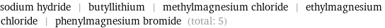 sodium hydride | butyllithium | methylmagnesium chloride | ethylmagnesium chloride | phenylmagnesium bromide (total: 5)