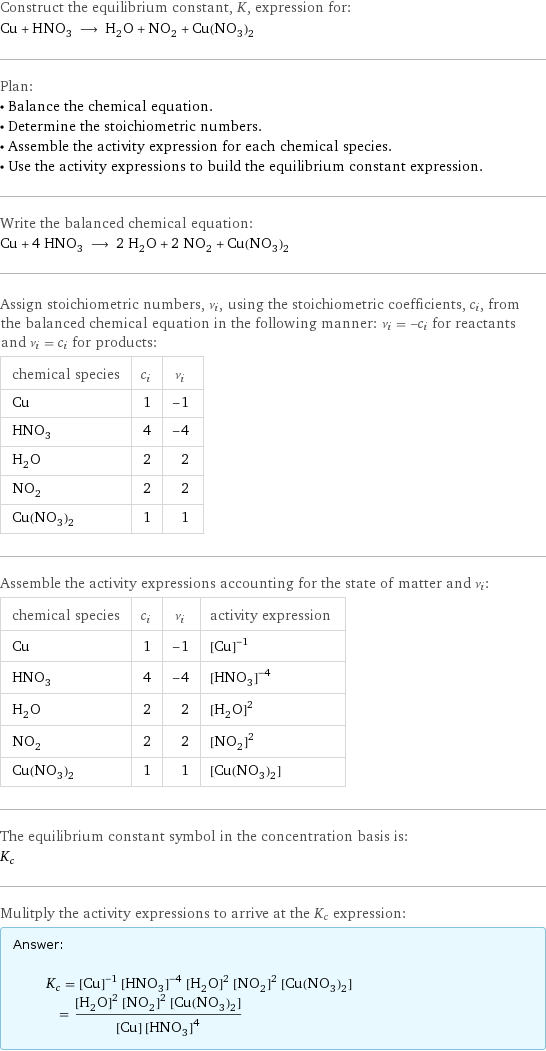 Construct the equilibrium constant, K, expression for: Cu + HNO_3 ⟶ H_2O + NO_2 + Cu(NO_3)_2 Plan: • Balance the chemical equation. • Determine the stoichiometric numbers. • Assemble the activity expression for each chemical species. • Use the activity expressions to build the equilibrium constant expression. Write the balanced chemical equation: Cu + 4 HNO_3 ⟶ 2 H_2O + 2 NO_2 + Cu(NO_3)_2 Assign stoichiometric numbers, ν_i, using the stoichiometric coefficients, c_i, from the balanced chemical equation in the following manner: ν_i = -c_i for reactants and ν_i = c_i for products: chemical species | c_i | ν_i Cu | 1 | -1 HNO_3 | 4 | -4 H_2O | 2 | 2 NO_2 | 2 | 2 Cu(NO_3)_2 | 1 | 1 Assemble the activity expressions accounting for the state of matter and ν_i: chemical species | c_i | ν_i | activity expression Cu | 1 | -1 | ([Cu])^(-1) HNO_3 | 4 | -4 | ([HNO3])^(-4) H_2O | 2 | 2 | ([H2O])^2 NO_2 | 2 | 2 | ([NO2])^2 Cu(NO_3)_2 | 1 | 1 | [Cu(NO3)2] The equilibrium constant symbol in the concentration basis is: K_c Mulitply the activity expressions to arrive at the K_c expression: Answer: |   | K_c = ([Cu])^(-1) ([HNO3])^(-4) ([H2O])^2 ([NO2])^2 [Cu(NO3)2] = (([H2O])^2 ([NO2])^2 [Cu(NO3)2])/([Cu] ([HNO3])^4)