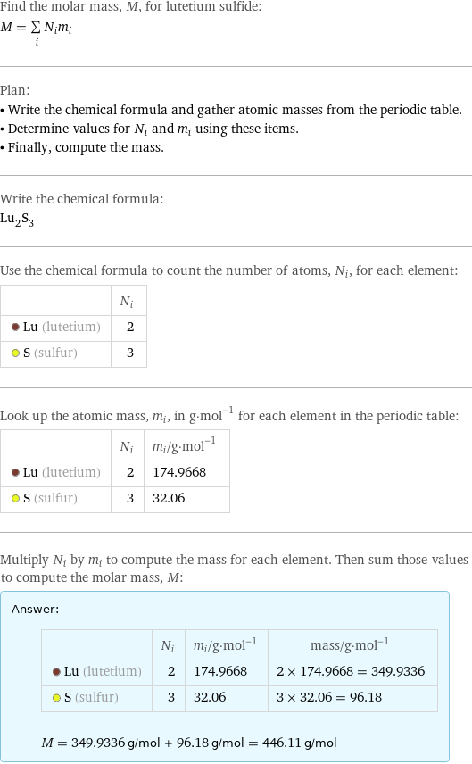 Find the molar mass, M, for lutetium sulfide: M = sum _iN_im_i Plan: • Write the chemical formula and gather atomic masses from the periodic table. • Determine values for N_i and m_i using these items. • Finally, compute the mass. Write the chemical formula: Lu_2S_3 Use the chemical formula to count the number of atoms, N_i, for each element:  | N_i  Lu (lutetium) | 2  S (sulfur) | 3 Look up the atomic mass, m_i, in g·mol^(-1) for each element in the periodic table:  | N_i | m_i/g·mol^(-1)  Lu (lutetium) | 2 | 174.9668  S (sulfur) | 3 | 32.06 Multiply N_i by m_i to compute the mass for each element. Then sum those values to compute the molar mass, M: Answer: |   | | N_i | m_i/g·mol^(-1) | mass/g·mol^(-1)  Lu (lutetium) | 2 | 174.9668 | 2 × 174.9668 = 349.9336  S (sulfur) | 3 | 32.06 | 3 × 32.06 = 96.18  M = 349.9336 g/mol + 96.18 g/mol = 446.11 g/mol