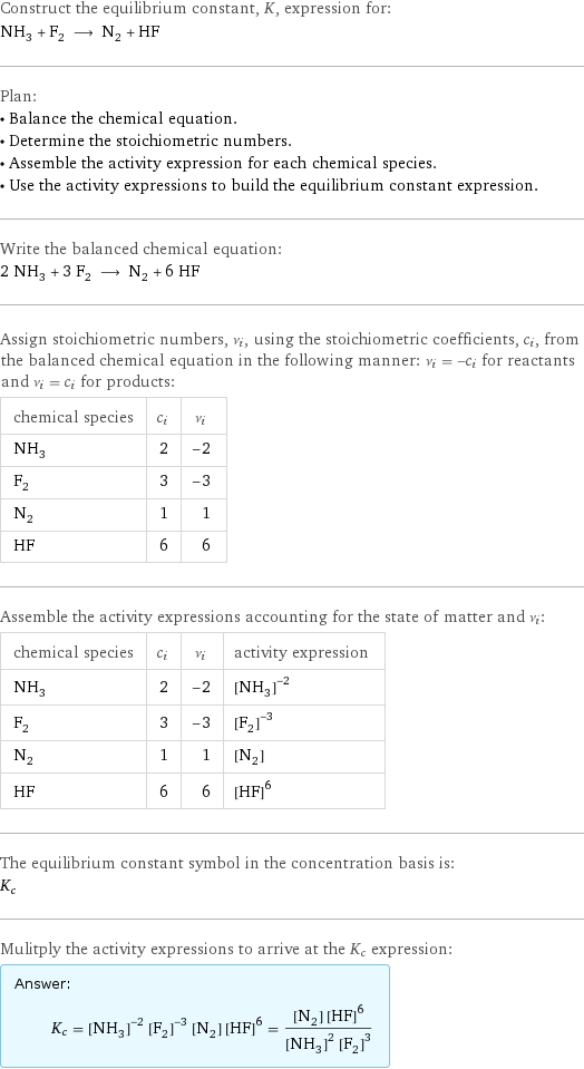 Construct the equilibrium constant, K, expression for: NH_3 + F_2 ⟶ N_2 + HF Plan: • Balance the chemical equation. • Determine the stoichiometric numbers. • Assemble the activity expression for each chemical species. • Use the activity expressions to build the equilibrium constant expression. Write the balanced chemical equation: 2 NH_3 + 3 F_2 ⟶ N_2 + 6 HF Assign stoichiometric numbers, ν_i, using the stoichiometric coefficients, c_i, from the balanced chemical equation in the following manner: ν_i = -c_i for reactants and ν_i = c_i for products: chemical species | c_i | ν_i NH_3 | 2 | -2 F_2 | 3 | -3 N_2 | 1 | 1 HF | 6 | 6 Assemble the activity expressions accounting for the state of matter and ν_i: chemical species | c_i | ν_i | activity expression NH_3 | 2 | -2 | ([NH3])^(-2) F_2 | 3 | -3 | ([F2])^(-3) N_2 | 1 | 1 | [N2] HF | 6 | 6 | ([HF])^6 The equilibrium constant symbol in the concentration basis is: K_c Mulitply the activity expressions to arrive at the K_c expression: Answer: |   | K_c = ([NH3])^(-2) ([F2])^(-3) [N2] ([HF])^6 = ([N2] ([HF])^6)/(([NH3])^2 ([F2])^3)