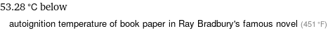 53.28 °C below autoignition temperature of book paper in Ray Bradbury's famous novel (451 °F)