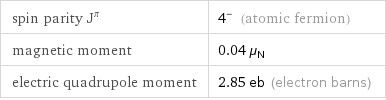 spin parity J^π | 4^- (atomic fermion) magnetic moment | 0.04 μ_N electric quadrupole moment | 2.85 eb (electron barns)