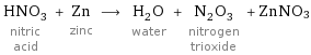 HNO_3 nitric acid + Zn zinc ⟶ H_2O water + N_2O_3 nitrogen trioxide + ZnNO3