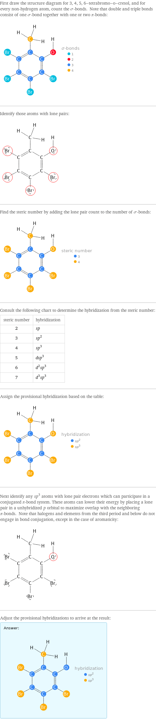 First draw the structure diagram for 3, 4, 5, 6-tetrabromo-o-cresol, and for every non-hydrogen atom, count the σ-bonds. Note that double and triple bonds consist of one σ-bond together with one or two π-bonds:  Identify those atoms with lone pairs:  Find the steric number by adding the lone pair count to the number of σ-bonds:  Consult the following chart to determine the hybridization from the steric number: steric number | hybridization 2 | sp 3 | sp^2 4 | sp^3 5 | dsp^3 6 | d^2sp^3 7 | d^3sp^3 Assign the provisional hybridization based on the table:  Next identify any sp^3 atoms with lone pair electrons which can participate in a conjugated π-bond system. These atoms can lower their energy by placing a lone pair in a unhybridized p orbital to maximize overlap with the neighboring π-bonds. Note that halogens and elements from the third period and below do not engage in bond conjugation, except in the case of aromaticity:  Adjust the provisional hybridizations to arrive at the result: Answer: |   | 