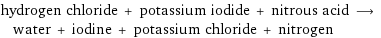 hydrogen chloride + potassium iodide + nitrous acid ⟶ water + iodine + potassium chloride + nitrogen