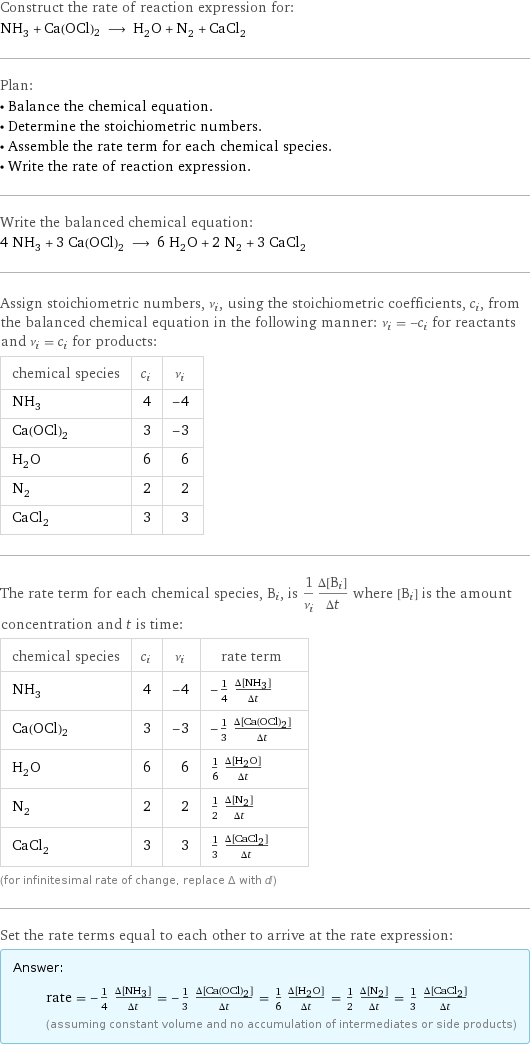 Construct the rate of reaction expression for: NH_3 + Ca(OCl)2 ⟶ H_2O + N_2 + CaCl_2 Plan: • Balance the chemical equation. • Determine the stoichiometric numbers. • Assemble the rate term for each chemical species. • Write the rate of reaction expression. Write the balanced chemical equation: 4 NH_3 + 3 Ca(OCl)2 ⟶ 6 H_2O + 2 N_2 + 3 CaCl_2 Assign stoichiometric numbers, ν_i, using the stoichiometric coefficients, c_i, from the balanced chemical equation in the following manner: ν_i = -c_i for reactants and ν_i = c_i for products: chemical species | c_i | ν_i NH_3 | 4 | -4 Ca(OCl)2 | 3 | -3 H_2O | 6 | 6 N_2 | 2 | 2 CaCl_2 | 3 | 3 The rate term for each chemical species, B_i, is 1/ν_i(Δ[B_i])/(Δt) where [B_i] is the amount concentration and t is time: chemical species | c_i | ν_i | rate term NH_3 | 4 | -4 | -1/4 (Δ[NH3])/(Δt) Ca(OCl)2 | 3 | -3 | -1/3 (Δ[Ca(OCl)2])/(Δt) H_2O | 6 | 6 | 1/6 (Δ[H2O])/(Δt) N_2 | 2 | 2 | 1/2 (Δ[N2])/(Δt) CaCl_2 | 3 | 3 | 1/3 (Δ[CaCl2])/(Δt) (for infinitesimal rate of change, replace Δ with d) Set the rate terms equal to each other to arrive at the rate expression: Answer: |   | rate = -1/4 (Δ[NH3])/(Δt) = -1/3 (Δ[Ca(OCl)2])/(Δt) = 1/6 (Δ[H2O])/(Δt) = 1/2 (Δ[N2])/(Δt) = 1/3 (Δ[CaCl2])/(Δt) (assuming constant volume and no accumulation of intermediates or side products)