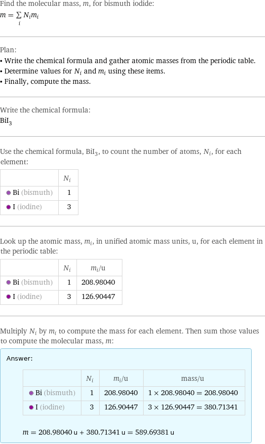 Find the molecular mass, m, for bismuth iodide: m = sum _iN_im_i Plan: • Write the chemical formula and gather atomic masses from the periodic table. • Determine values for N_i and m_i using these items. • Finally, compute the mass. Write the chemical formula: BiI_3 Use the chemical formula, BiI_3, to count the number of atoms, N_i, for each element:  | N_i  Bi (bismuth) | 1  I (iodine) | 3 Look up the atomic mass, m_i, in unified atomic mass units, u, for each element in the periodic table:  | N_i | m_i/u  Bi (bismuth) | 1 | 208.98040  I (iodine) | 3 | 126.90447 Multiply N_i by m_i to compute the mass for each element. Then sum those values to compute the molecular mass, m: Answer: |   | | N_i | m_i/u | mass/u  Bi (bismuth) | 1 | 208.98040 | 1 × 208.98040 = 208.98040  I (iodine) | 3 | 126.90447 | 3 × 126.90447 = 380.71341  m = 208.98040 u + 380.71341 u = 589.69381 u