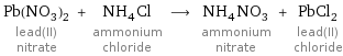 Pb(NO_3)_2 lead(II) nitrate + NH_4Cl ammonium chloride ⟶ NH_4NO_3 ammonium nitrate + PbCl_2 lead(II) chloride