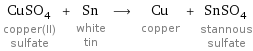 CuSO_4 copper(II) sulfate + Sn white tin ⟶ Cu copper + SnSO_4 stannous sulfate