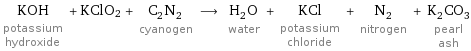 KOH potassium hydroxide + KClO2 + C_2N_2 cyanogen ⟶ H_2O water + KCl potassium chloride + N_2 nitrogen + K_2CO_3 pearl ash