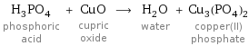 H_3PO_4 phosphoric acid + CuO cupric oxide ⟶ H_2O water + Cu_3(PO_4)_2 copper(II) phosphate