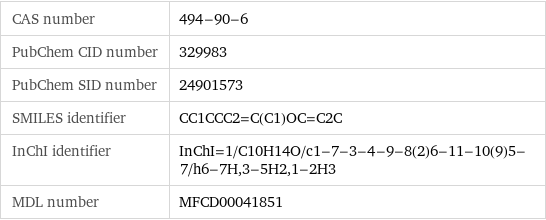 CAS number | 494-90-6 PubChem CID number | 329983 PubChem SID number | 24901573 SMILES identifier | CC1CCC2=C(C1)OC=C2C InChI identifier | InChI=1/C10H14O/c1-7-3-4-9-8(2)6-11-10(9)5-7/h6-7H, 3-5H2, 1-2H3 MDL number | MFCD00041851