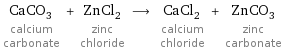 CaCO_3 calcium carbonate + ZnCl_2 zinc chloride ⟶ CaCl_2 calcium chloride + ZnCO_3 zinc carbonate