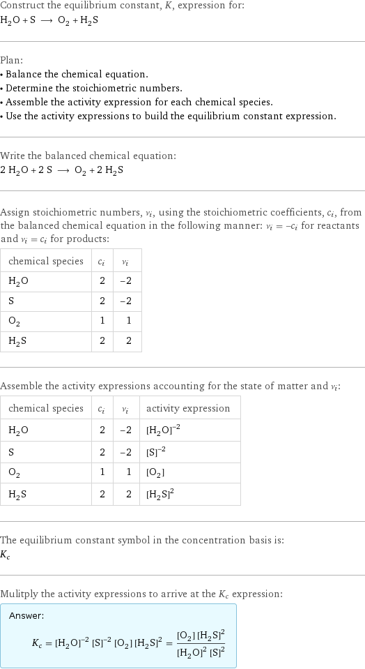 Construct the equilibrium constant, K, expression for: H_2O + S ⟶ O_2 + H_2S Plan: • Balance the chemical equation. • Determine the stoichiometric numbers. • Assemble the activity expression for each chemical species. • Use the activity expressions to build the equilibrium constant expression. Write the balanced chemical equation: 2 H_2O + 2 S ⟶ O_2 + 2 H_2S Assign stoichiometric numbers, ν_i, using the stoichiometric coefficients, c_i, from the balanced chemical equation in the following manner: ν_i = -c_i for reactants and ν_i = c_i for products: chemical species | c_i | ν_i H_2O | 2 | -2 S | 2 | -2 O_2 | 1 | 1 H_2S | 2 | 2 Assemble the activity expressions accounting for the state of matter and ν_i: chemical species | c_i | ν_i | activity expression H_2O | 2 | -2 | ([H2O])^(-2) S | 2 | -2 | ([S])^(-2) O_2 | 1 | 1 | [O2] H_2S | 2 | 2 | ([H2S])^2 The equilibrium constant symbol in the concentration basis is: K_c Mulitply the activity expressions to arrive at the K_c expression: Answer: |   | K_c = ([H2O])^(-2) ([S])^(-2) [O2] ([H2S])^2 = ([O2] ([H2S])^2)/(([H2O])^2 ([S])^2)