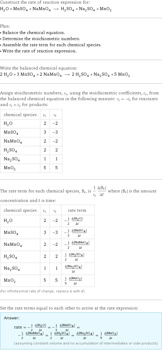 Construct the rate of reaction expression for: H_2O + MnSO_4 + NaMnO_4 ⟶ H_2SO_4 + Na_2SO_4 + MnO_2 Plan: • Balance the chemical equation. • Determine the stoichiometric numbers. • Assemble the rate term for each chemical species. • Write the rate of reaction expression. Write the balanced chemical equation: 2 H_2O + 3 MnSO_4 + 2 NaMnO_4 ⟶ 2 H_2SO_4 + Na_2SO_4 + 5 MnO_2 Assign stoichiometric numbers, ν_i, using the stoichiometric coefficients, c_i, from the balanced chemical equation in the following manner: ν_i = -c_i for reactants and ν_i = c_i for products: chemical species | c_i | ν_i H_2O | 2 | -2 MnSO_4 | 3 | -3 NaMnO_4 | 2 | -2 H_2SO_4 | 2 | 2 Na_2SO_4 | 1 | 1 MnO_2 | 5 | 5 The rate term for each chemical species, B_i, is 1/ν_i(Δ[B_i])/(Δt) where [B_i] is the amount concentration and t is time: chemical species | c_i | ν_i | rate term H_2O | 2 | -2 | -1/2 (Δ[H2O])/(Δt) MnSO_4 | 3 | -3 | -1/3 (Δ[MnSO4])/(Δt) NaMnO_4 | 2 | -2 | -1/2 (Δ[NaMnO4])/(Δt) H_2SO_4 | 2 | 2 | 1/2 (Δ[H2SO4])/(Δt) Na_2SO_4 | 1 | 1 | (Δ[Na2SO4])/(Δt) MnO_2 | 5 | 5 | 1/5 (Δ[MnO2])/(Δt) (for infinitesimal rate of change, replace Δ with d) Set the rate terms equal to each other to arrive at the rate expression: Answer: |   | rate = -1/2 (Δ[H2O])/(Δt) = -1/3 (Δ[MnSO4])/(Δt) = -1/2 (Δ[NaMnO4])/(Δt) = 1/2 (Δ[H2SO4])/(Δt) = (Δ[Na2SO4])/(Δt) = 1/5 (Δ[MnO2])/(Δt) (assuming constant volume and no accumulation of intermediates or side products)