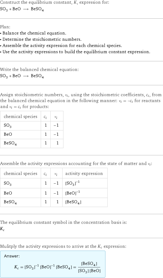 Construct the equilibrium constant, K, expression for: SO_3 + BeO ⟶ BeSO_4 Plan: • Balance the chemical equation. • Determine the stoichiometric numbers. • Assemble the activity expression for each chemical species. • Use the activity expressions to build the equilibrium constant expression. Write the balanced chemical equation: SO_3 + BeO ⟶ BeSO_4 Assign stoichiometric numbers, ν_i, using the stoichiometric coefficients, c_i, from the balanced chemical equation in the following manner: ν_i = -c_i for reactants and ν_i = c_i for products: chemical species | c_i | ν_i SO_3 | 1 | -1 BeO | 1 | -1 BeSO_4 | 1 | 1 Assemble the activity expressions accounting for the state of matter and ν_i: chemical species | c_i | ν_i | activity expression SO_3 | 1 | -1 | ([SO3])^(-1) BeO | 1 | -1 | ([BeO])^(-1) BeSO_4 | 1 | 1 | [BeSO4] The equilibrium constant symbol in the concentration basis is: K_c Mulitply the activity expressions to arrive at the K_c expression: Answer: |   | K_c = ([SO3])^(-1) ([BeO])^(-1) [BeSO4] = ([BeSO4])/([SO3] [BeO])