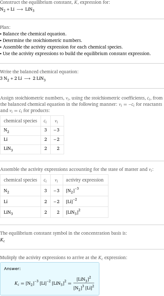 Construct the equilibrium constant, K, expression for: N_2 + Li ⟶ LiN_3 Plan: • Balance the chemical equation. • Determine the stoichiometric numbers. • Assemble the activity expression for each chemical species. • Use the activity expressions to build the equilibrium constant expression. Write the balanced chemical equation: 3 N_2 + 2 Li ⟶ 2 LiN_3 Assign stoichiometric numbers, ν_i, using the stoichiometric coefficients, c_i, from the balanced chemical equation in the following manner: ν_i = -c_i for reactants and ν_i = c_i for products: chemical species | c_i | ν_i N_2 | 3 | -3 Li | 2 | -2 LiN_3 | 2 | 2 Assemble the activity expressions accounting for the state of matter and ν_i: chemical species | c_i | ν_i | activity expression N_2 | 3 | -3 | ([N2])^(-3) Li | 2 | -2 | ([Li])^(-2) LiN_3 | 2 | 2 | ([LiN3])^2 The equilibrium constant symbol in the concentration basis is: K_c Mulitply the activity expressions to arrive at the K_c expression: Answer: |   | K_c = ([N2])^(-3) ([Li])^(-2) ([LiN3])^2 = ([LiN3])^2/(([N2])^3 ([Li])^2)