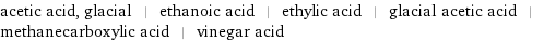 acetic acid, glacial | ethanoic acid | ethylic acid | glacial acetic acid | methanecarboxylic acid | vinegar acid