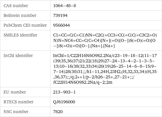 CAS number | 1064-48-8 Beilstein number | 739194 PubChem CID number | 9566044 SMILES identifier | C1=CC=C(C=C1)NN=C2C(=CC3=CC(=C(C(=C3C2=O)N)N=NC4=CC=C(C=C4)[N+](=O)[O-])S(=O)(=O)[O-])S(=O)(=O)[O-].[Na+].[Na+] InChI identifier | InChI=1/C22H16N6O9S2.2Na/c23-19-18-12(11-17(39(35, 36)37)21(22(18)29)27-24-13-4-2-1-3-5-13)10-16(38(32, 33)34)20(19)26-25-14-6-8-15(9-7-14)28(30)31;;/h1-11, 24H, 23H2, (H, 32, 33, 34)(H, 35, 36, 37);;/q;2*+1/p-2/b26-25+, 27-21+;;/fC22H14N6O9S2.2Na/q-2;2m EU number | 213-903-1 RTECS number | QJ6196000 NSC number | 7820
