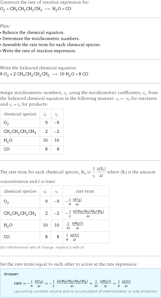 Construct the rate of reaction expression for: O_2 + CH_3CH_2CH_2CH_3 ⟶ H_2O + CO Plan: • Balance the chemical equation. • Determine the stoichiometric numbers. • Assemble the rate term for each chemical species. • Write the rate of reaction expression. Write the balanced chemical equation: 9 O_2 + 2 CH_3CH_2CH_2CH_3 ⟶ 10 H_2O + 8 CO Assign stoichiometric numbers, ν_i, using the stoichiometric coefficients, c_i, from the balanced chemical equation in the following manner: ν_i = -c_i for reactants and ν_i = c_i for products: chemical species | c_i | ν_i O_2 | 9 | -9 CH_3CH_2CH_2CH_3 | 2 | -2 H_2O | 10 | 10 CO | 8 | 8 The rate term for each chemical species, B_i, is 1/ν_i(Δ[B_i])/(Δt) where [B_i] is the amount concentration and t is time: chemical species | c_i | ν_i | rate term O_2 | 9 | -9 | -1/9 (Δ[O2])/(Δt) CH_3CH_2CH_2CH_3 | 2 | -2 | -1/2 (Δ[CH3CH2CH2CH3])/(Δt) H_2O | 10 | 10 | 1/10 (Δ[H2O])/(Δt) CO | 8 | 8 | 1/8 (Δ[CO])/(Δt) (for infinitesimal rate of change, replace Δ with d) Set the rate terms equal to each other to arrive at the rate expression: Answer: |   | rate = -1/9 (Δ[O2])/(Δt) = -1/2 (Δ[CH3CH2CH2CH3])/(Δt) = 1/10 (Δ[H2O])/(Δt) = 1/8 (Δ[CO])/(Δt) (assuming constant volume and no accumulation of intermediates or side products)