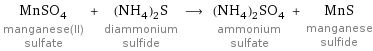 MnSO_4 manganese(II) sulfate + (NH_4)_2S diammonium sulfide ⟶ (NH_4)_2SO_4 ammonium sulfate + MnS manganese sulfide
