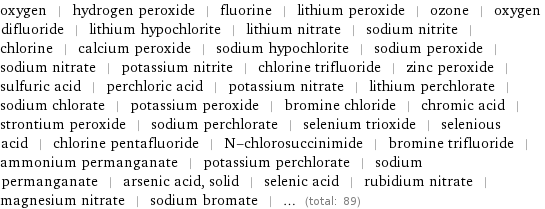 oxygen | hydrogen peroxide | fluorine | lithium peroxide | ozone | oxygen difluoride | lithium hypochlorite | lithium nitrate | sodium nitrite | chlorine | calcium peroxide | sodium hypochlorite | sodium peroxide | sodium nitrate | potassium nitrite | chlorine trifluoride | zinc peroxide | sulfuric acid | perchloric acid | potassium nitrate | lithium perchlorate | sodium chlorate | potassium peroxide | bromine chloride | chromic acid | strontium peroxide | sodium perchlorate | selenium trioxide | selenious acid | chlorine pentafluoride | N-chlorosuccinimide | bromine trifluoride | ammonium permanganate | potassium perchlorate | sodium permanganate | arsenic acid, solid | selenic acid | rubidium nitrate | magnesium nitrate | sodium bromate | ... (total: 89)