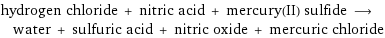 hydrogen chloride + nitric acid + mercury(II) sulfide ⟶ water + sulfuric acid + nitric oxide + mercuric chloride