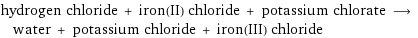 hydrogen chloride + iron(II) chloride + potassium chlorate ⟶ water + potassium chloride + iron(III) chloride