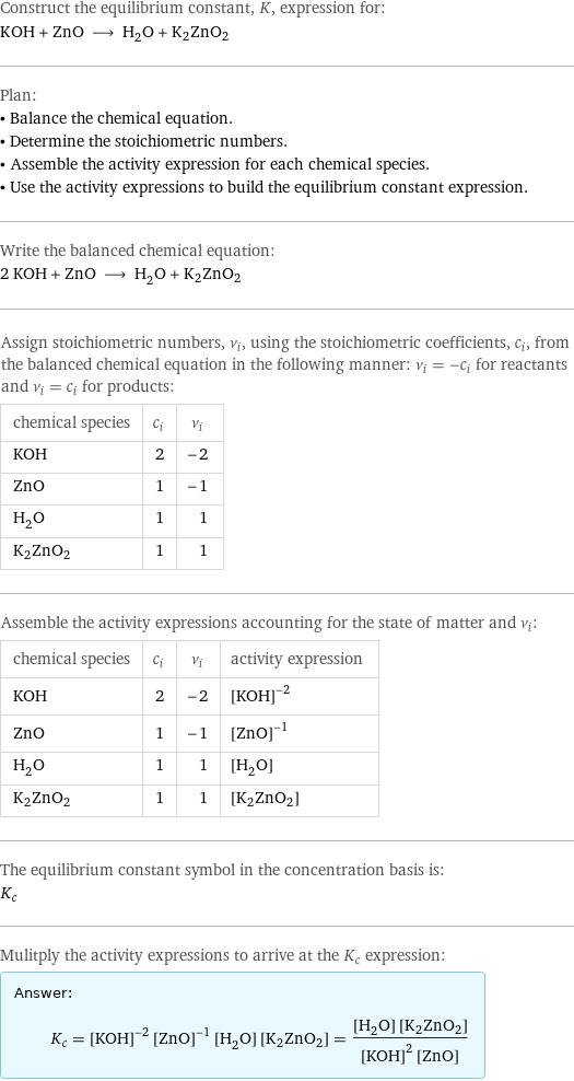 Construct the equilibrium constant, K, expression for: KOH + ZnO ⟶ H_2O + K2ZnO2 Plan: • Balance the chemical equation. • Determine the stoichiometric numbers. • Assemble the activity expression for each chemical species. • Use the activity expressions to build the equilibrium constant expression. Write the balanced chemical equation: 2 KOH + ZnO ⟶ H_2O + K2ZnO2 Assign stoichiometric numbers, ν_i, using the stoichiometric coefficients, c_i, from the balanced chemical equation in the following manner: ν_i = -c_i for reactants and ν_i = c_i for products: chemical species | c_i | ν_i KOH | 2 | -2 ZnO | 1 | -1 H_2O | 1 | 1 K2ZnO2 | 1 | 1 Assemble the activity expressions accounting for the state of matter and ν_i: chemical species | c_i | ν_i | activity expression KOH | 2 | -2 | ([KOH])^(-2) ZnO | 1 | -1 | ([ZnO])^(-1) H_2O | 1 | 1 | [H2O] K2ZnO2 | 1 | 1 | [K2ZnO2] The equilibrium constant symbol in the concentration basis is: K_c Mulitply the activity expressions to arrive at the K_c expression: Answer: |   | K_c = ([KOH])^(-2) ([ZnO])^(-1) [H2O] [K2ZnO2] = ([H2O] [K2ZnO2])/(([KOH])^2 [ZnO])