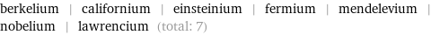 berkelium | californium | einsteinium | fermium | mendelevium | nobelium | lawrencium (total: 7)