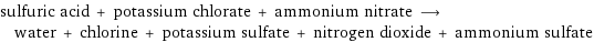 sulfuric acid + potassium chlorate + ammonium nitrate ⟶ water + chlorine + potassium sulfate + nitrogen dioxide + ammonium sulfate