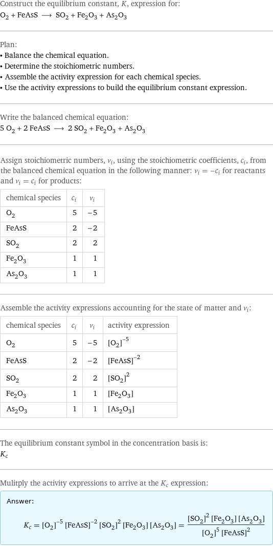 Construct the equilibrium constant, K, expression for: O_2 + FeAsS ⟶ SO_2 + Fe_2O_3 + As_2O_3 Plan: • Balance the chemical equation. • Determine the stoichiometric numbers. • Assemble the activity expression for each chemical species. • Use the activity expressions to build the equilibrium constant expression. Write the balanced chemical equation: 5 O_2 + 2 FeAsS ⟶ 2 SO_2 + Fe_2O_3 + As_2O_3 Assign stoichiometric numbers, ν_i, using the stoichiometric coefficients, c_i, from the balanced chemical equation in the following manner: ν_i = -c_i for reactants and ν_i = c_i for products: chemical species | c_i | ν_i O_2 | 5 | -5 FeAsS | 2 | -2 SO_2 | 2 | 2 Fe_2O_3 | 1 | 1 As_2O_3 | 1 | 1 Assemble the activity expressions accounting for the state of matter and ν_i: chemical species | c_i | ν_i | activity expression O_2 | 5 | -5 | ([O2])^(-5) FeAsS | 2 | -2 | ([FeAsS])^(-2) SO_2 | 2 | 2 | ([SO2])^2 Fe_2O_3 | 1 | 1 | [Fe2O3] As_2O_3 | 1 | 1 | [As2O3] The equilibrium constant symbol in the concentration basis is: K_c Mulitply the activity expressions to arrive at the K_c expression: Answer: |   | K_c = ([O2])^(-5) ([FeAsS])^(-2) ([SO2])^2 [Fe2O3] [As2O3] = (([SO2])^2 [Fe2O3] [As2O3])/(([O2])^5 ([FeAsS])^2)