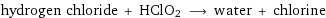 hydrogen chloride + HClO2 ⟶ water + chlorine