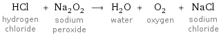 HCl hydrogen chloride + Na_2O_2 sodium peroxide ⟶ H_2O water + O_2 oxygen + NaCl sodium chloride