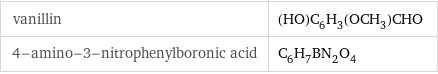 vanillin | (HO)C_6H_3(OCH_3)CHO 4-amino-3-nitrophenylboronic acid | C_6H_7BN_2O_4