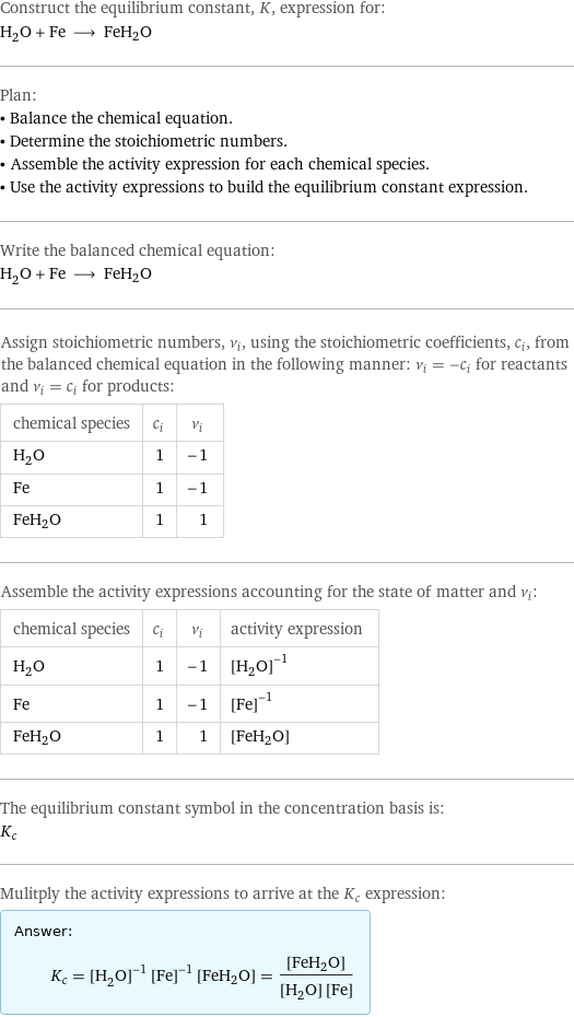 Construct the equilibrium constant, K, expression for: H_2O + Fe ⟶ FeH2O Plan: • Balance the chemical equation. • Determine the stoichiometric numbers. • Assemble the activity expression for each chemical species. • Use the activity expressions to build the equilibrium constant expression. Write the balanced chemical equation: H_2O + Fe ⟶ FeH2O Assign stoichiometric numbers, ν_i, using the stoichiometric coefficients, c_i, from the balanced chemical equation in the following manner: ν_i = -c_i for reactants and ν_i = c_i for products: chemical species | c_i | ν_i H_2O | 1 | -1 Fe | 1 | -1 FeH2O | 1 | 1 Assemble the activity expressions accounting for the state of matter and ν_i: chemical species | c_i | ν_i | activity expression H_2O | 1 | -1 | ([H2O])^(-1) Fe | 1 | -1 | ([Fe])^(-1) FeH2O | 1 | 1 | [FeH2O] The equilibrium constant symbol in the concentration basis is: K_c Mulitply the activity expressions to arrive at the K_c expression: Answer: |   | K_c = ([H2O])^(-1) ([Fe])^(-1) [FeH2O] = ([FeH2O])/([H2O] [Fe])