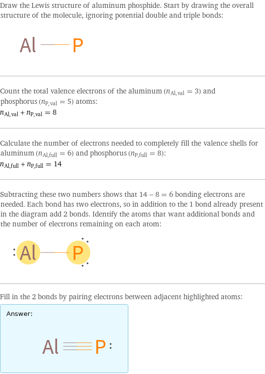 Draw the Lewis structure of aluminum phosphide. Start by drawing the overall structure of the molecule, ignoring potential double and triple bonds:  Count the total valence electrons of the aluminum (n_Al, val = 3) and phosphorus (n_P, val = 5) atoms: n_Al, val + n_P, val = 8 Calculate the number of electrons needed to completely fill the valence shells for aluminum (n_Al, full = 6) and phosphorus (n_P, full = 8): n_Al, full + n_P, full = 14 Subtracting these two numbers shows that 14 - 8 = 6 bonding electrons are needed. Each bond has two electrons, so in addition to the 1 bond already present in the diagram add 2 bonds. Identify the atoms that want additional bonds and the number of electrons remaining on each atom:  Fill in the 2 bonds by pairing electrons between adjacent highlighted atoms: Answer: |   | 