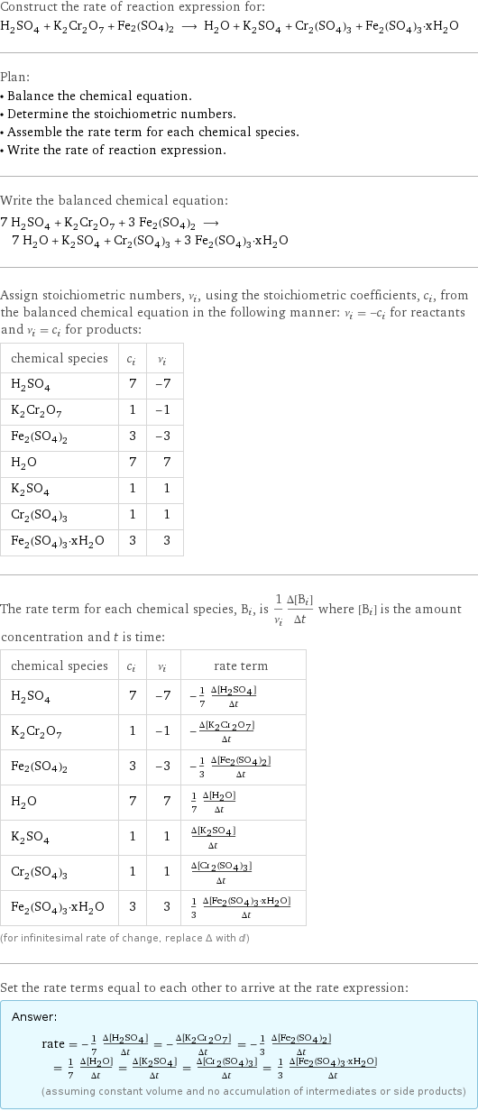 Construct the rate of reaction expression for: H_2SO_4 + K_2Cr_2O_7 + Fe2(SO4)2 ⟶ H_2O + K_2SO_4 + Cr_2(SO_4)_3 + Fe_2(SO_4)_3·xH_2O Plan: • Balance the chemical equation. • Determine the stoichiometric numbers. • Assemble the rate term for each chemical species. • Write the rate of reaction expression. Write the balanced chemical equation: 7 H_2SO_4 + K_2Cr_2O_7 + 3 Fe2(SO4)2 ⟶ 7 H_2O + K_2SO_4 + Cr_2(SO_4)_3 + 3 Fe_2(SO_4)_3·xH_2O Assign stoichiometric numbers, ν_i, using the stoichiometric coefficients, c_i, from the balanced chemical equation in the following manner: ν_i = -c_i for reactants and ν_i = c_i for products: chemical species | c_i | ν_i H_2SO_4 | 7 | -7 K_2Cr_2O_7 | 1 | -1 Fe2(SO4)2 | 3 | -3 H_2O | 7 | 7 K_2SO_4 | 1 | 1 Cr_2(SO_4)_3 | 1 | 1 Fe_2(SO_4)_3·xH_2O | 3 | 3 The rate term for each chemical species, B_i, is 1/ν_i(Δ[B_i])/(Δt) where [B_i] is the amount concentration and t is time: chemical species | c_i | ν_i | rate term H_2SO_4 | 7 | -7 | -1/7 (Δ[H2SO4])/(Δt) K_2Cr_2O_7 | 1 | -1 | -(Δ[K2Cr2O7])/(Δt) Fe2(SO4)2 | 3 | -3 | -1/3 (Δ[Fe2(SO4)2])/(Δt) H_2O | 7 | 7 | 1/7 (Δ[H2O])/(Δt) K_2SO_4 | 1 | 1 | (Δ[K2SO4])/(Δt) Cr_2(SO_4)_3 | 1 | 1 | (Δ[Cr2(SO4)3])/(Δt) Fe_2(SO_4)_3·xH_2O | 3 | 3 | 1/3 (Δ[Fe2(SO4)3·xH2O])/(Δt) (for infinitesimal rate of change, replace Δ with d) Set the rate terms equal to each other to arrive at the rate expression: Answer: |   | rate = -1/7 (Δ[H2SO4])/(Δt) = -(Δ[K2Cr2O7])/(Δt) = -1/3 (Δ[Fe2(SO4)2])/(Δt) = 1/7 (Δ[H2O])/(Δt) = (Δ[K2SO4])/(Δt) = (Δ[Cr2(SO4)3])/(Δt) = 1/3 (Δ[Fe2(SO4)3·xH2O])/(Δt) (assuming constant volume and no accumulation of intermediates or side products)