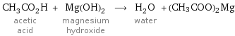 CH_3CO_2H acetic acid + Mg(OH)_2 magnesium hydroxide ⟶ H_2O water + (CH3COO)2Mg