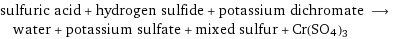 sulfuric acid + hydrogen sulfide + potassium dichromate ⟶ water + potassium sulfate + mixed sulfur + Cr(SO4)3
