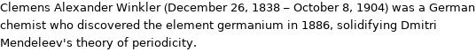 Clemens Alexander Winkler (December 26, 1838 - October 8, 1904) was a German chemist who discovered the element germanium in 1886, solidifying Dmitri Mendeleev's theory of periodicity.