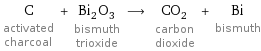 C activated charcoal + Bi_2O_3 bismuth trioxide ⟶ CO_2 carbon dioxide + Bi bismuth