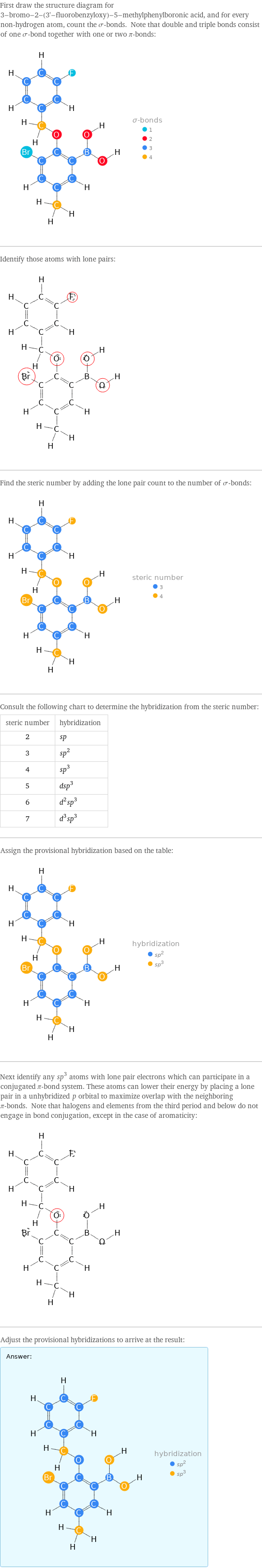 First draw the structure diagram for 3-bromo-2-(3'-fluorobenzyloxy)-5-methylphenylboronic acid, and for every non-hydrogen atom, count the σ-bonds. Note that double and triple bonds consist of one σ-bond together with one or two π-bonds:  Identify those atoms with lone pairs:  Find the steric number by adding the lone pair count to the number of σ-bonds:  Consult the following chart to determine the hybridization from the steric number: steric number | hybridization 2 | sp 3 | sp^2 4 | sp^3 5 | dsp^3 6 | d^2sp^3 7 | d^3sp^3 Assign the provisional hybridization based on the table:  Next identify any sp^3 atoms with lone pair electrons which can participate in a conjugated π-bond system. These atoms can lower their energy by placing a lone pair in a unhybridized p orbital to maximize overlap with the neighboring π-bonds. Note that halogens and elements from the third period and below do not engage in bond conjugation, except in the case of aromaticity:  Adjust the provisional hybridizations to arrive at the result: Answer: |   | 